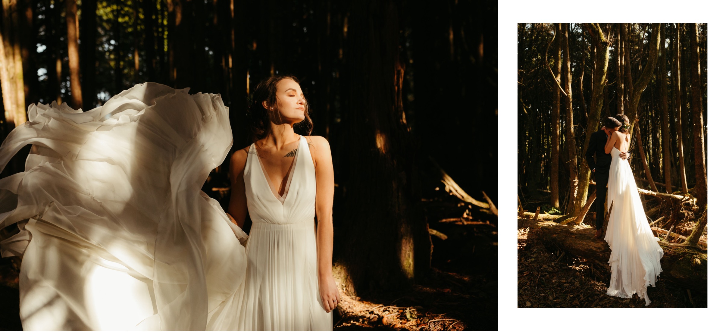 beautiful bride in the forest with flowy wedding dress