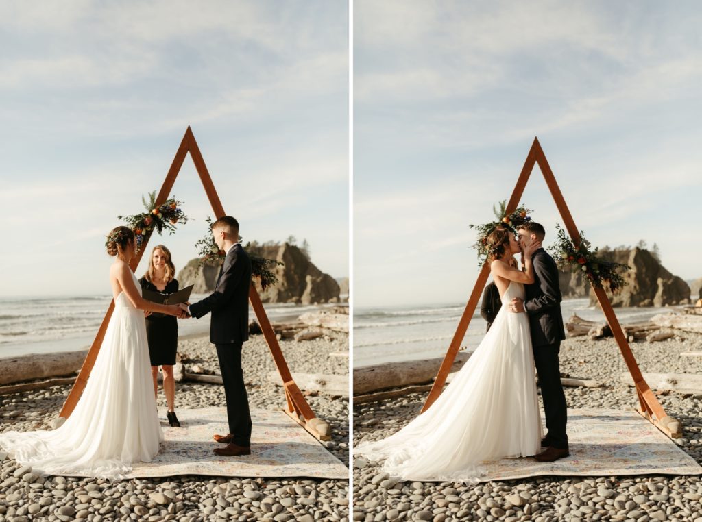 washington intimate elopement wedding on the coast with triangle ceremony arch
