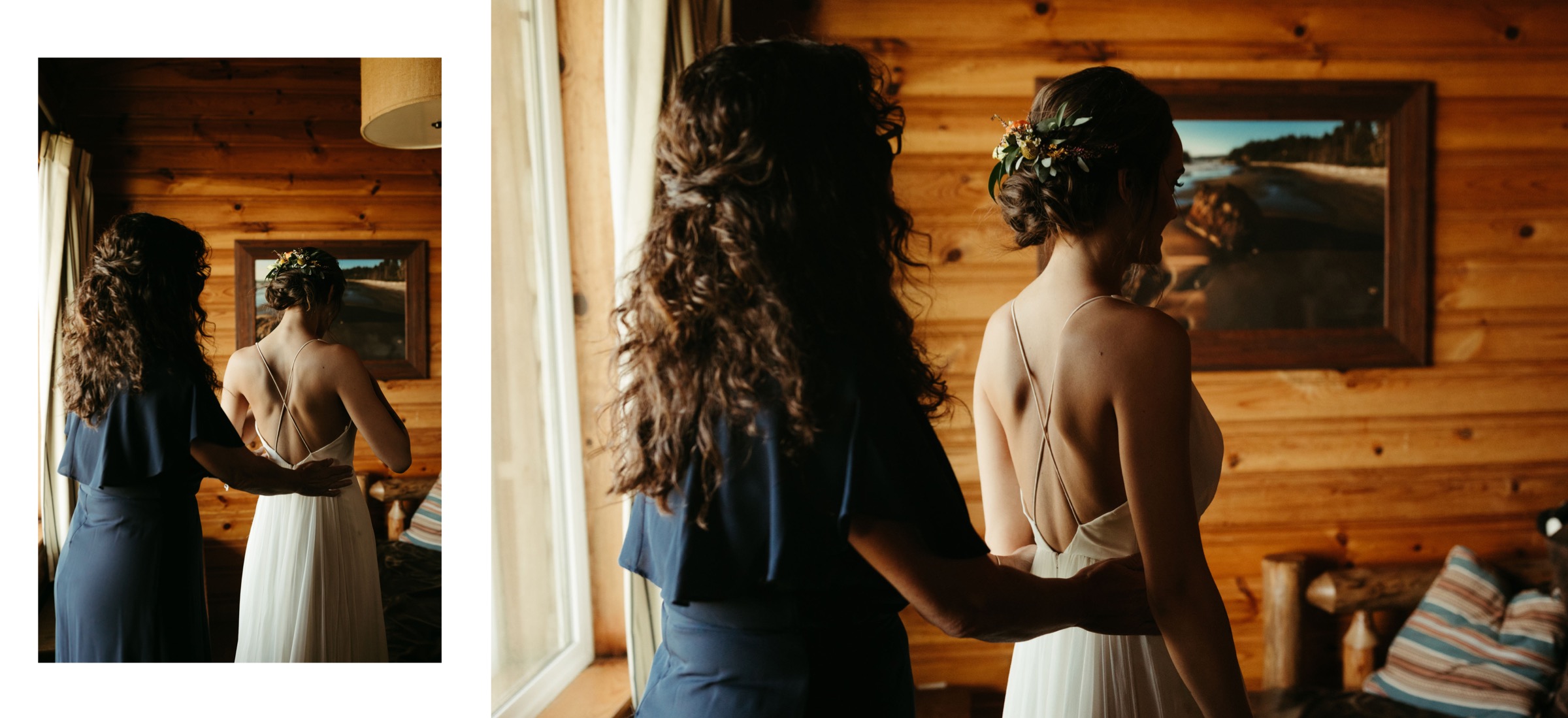 mom helping daughter get ready in cabin for her intimate elopement wedding
