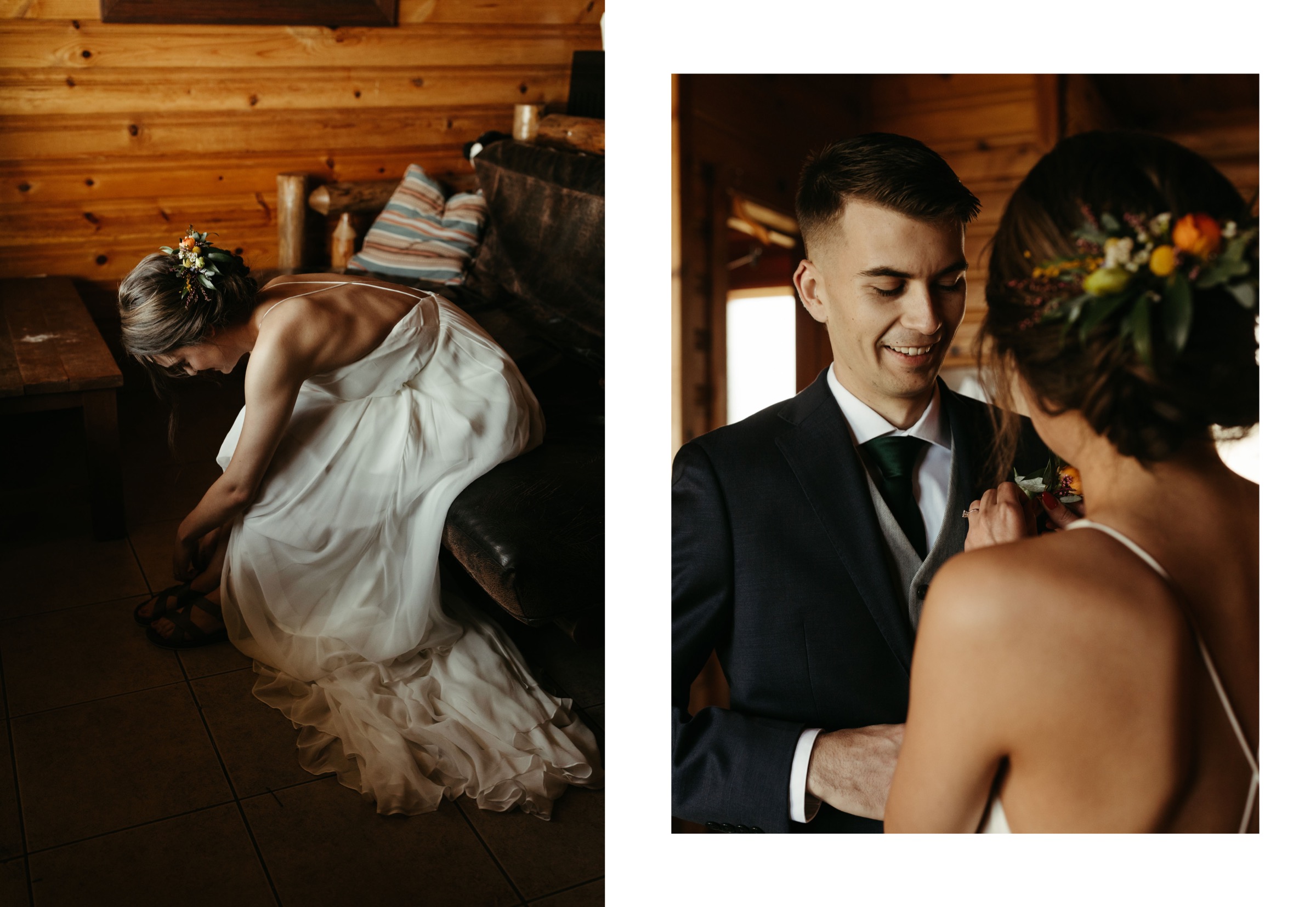 bride and groom get ready in cabin on their wedding elopement day in the PNW