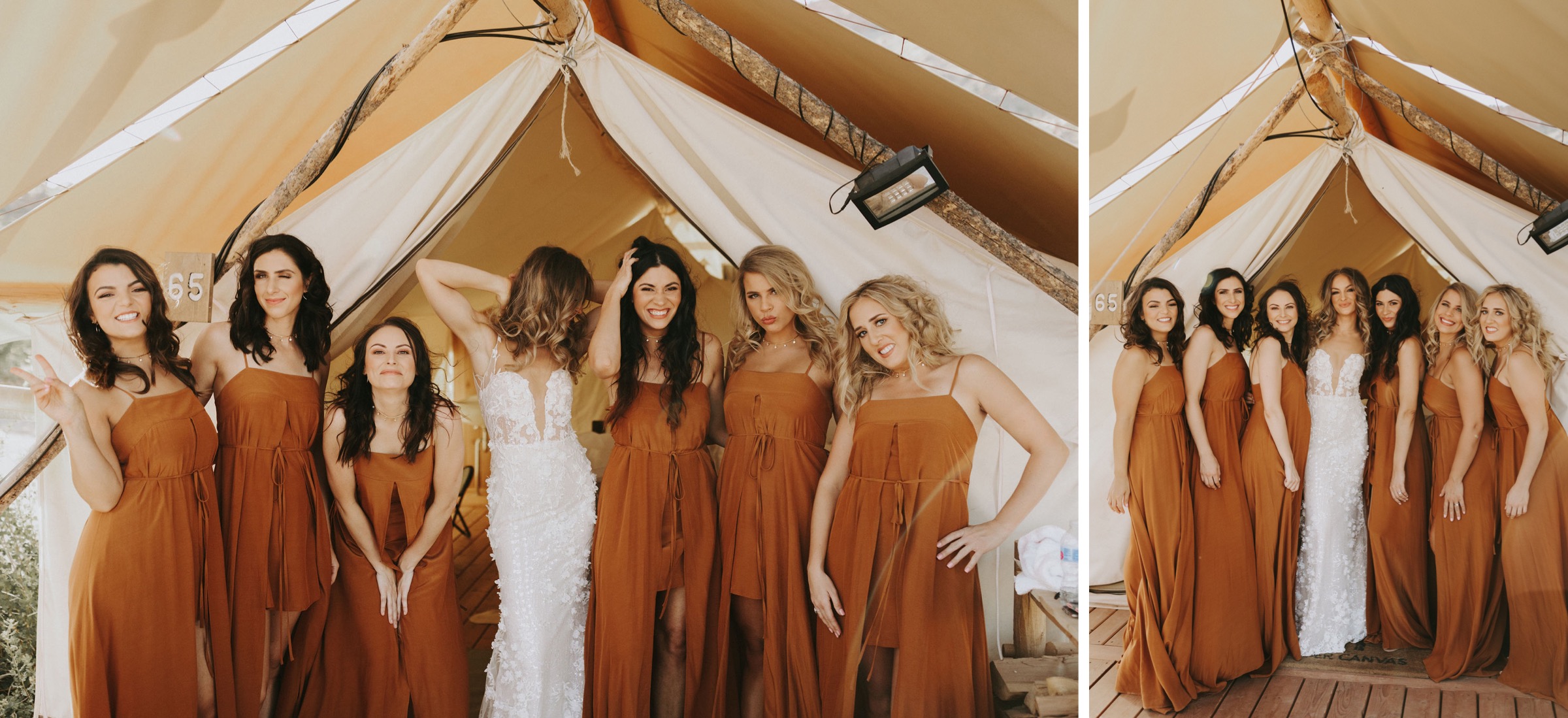 desert bride and bridesmaids in rust orange boho dresses 