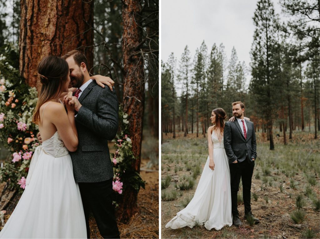 bride and groom at their intimate woodsy elopement day in the forest