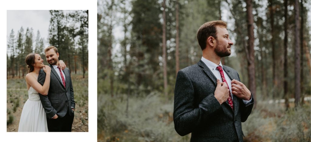 groom in the forest with grey tweed suit and red tie