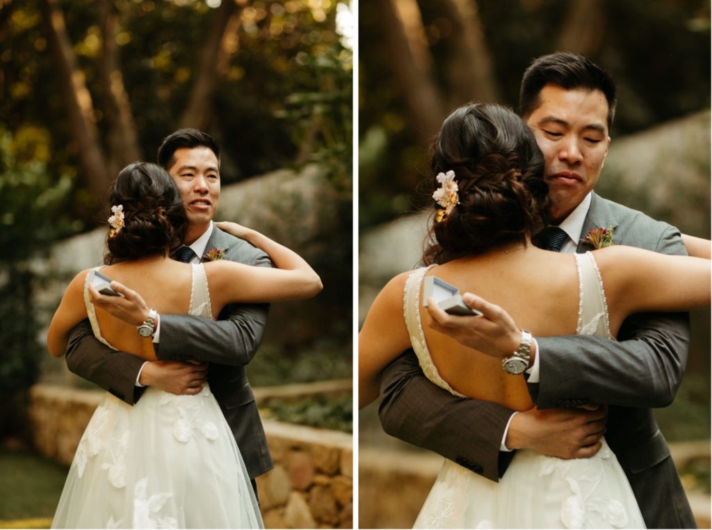 emotional, teary-eyed groom and bride during their first look