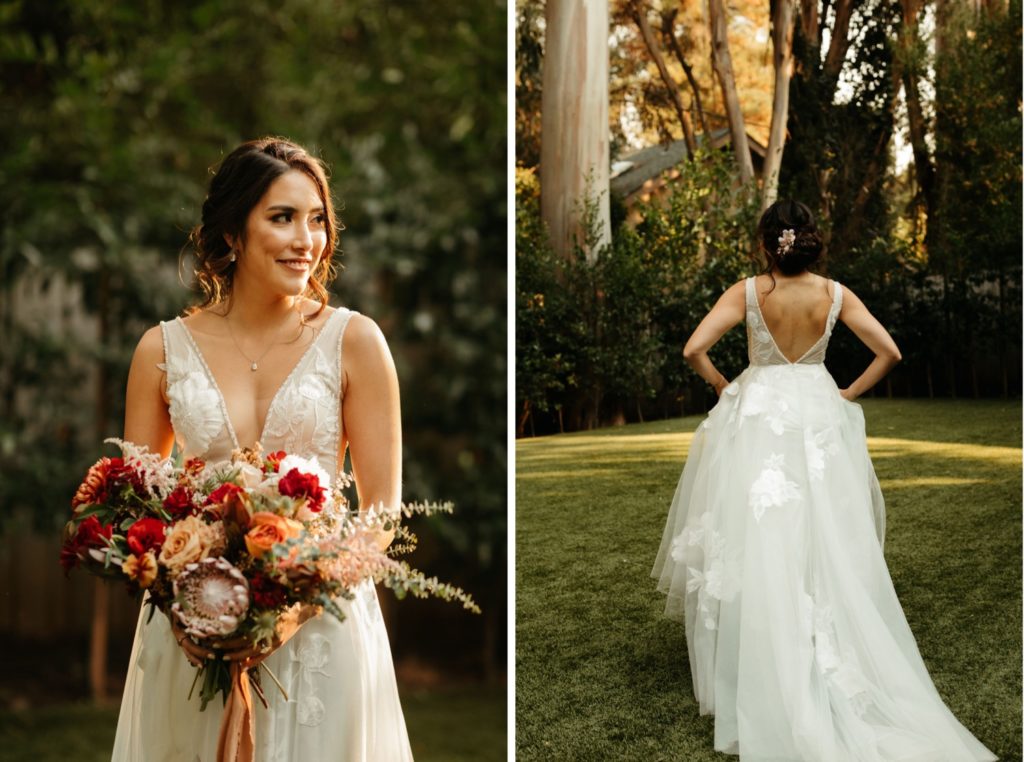 gorgeous bride in floravere wedding dress and romantic bouquet