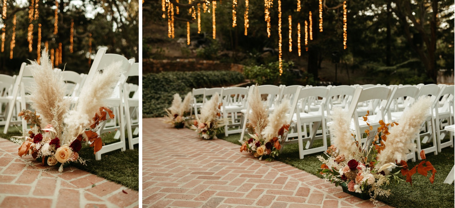 calamigos ranch wedding design with pampas grass and romantic hanging lights in the trees