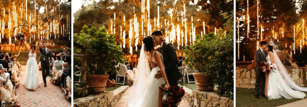 magical calamigos ranch wedding with beautiful hanging lights in the trees, and triangle ceremony arch