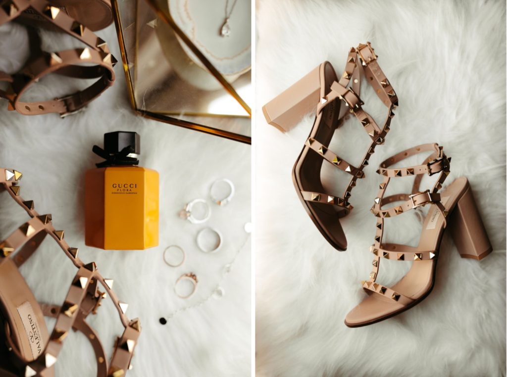 bride's getting ready wedding details with nude valentinos and gucci flora perfume