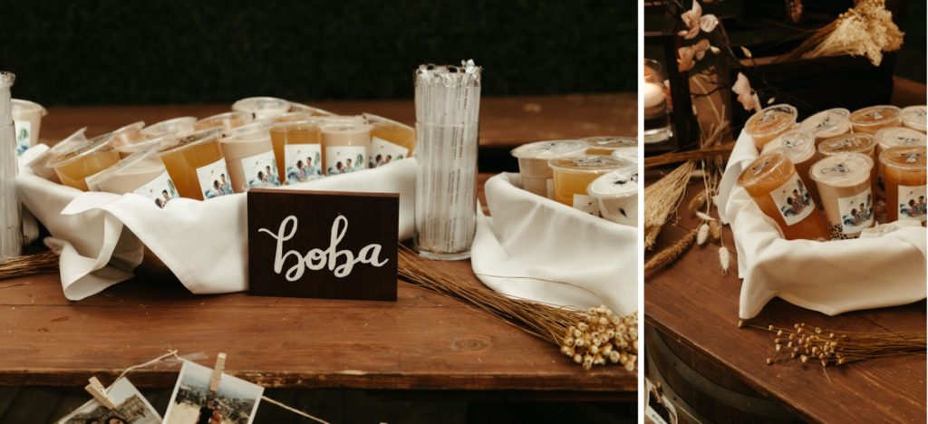 wedding dessert bar with boba bubble tea