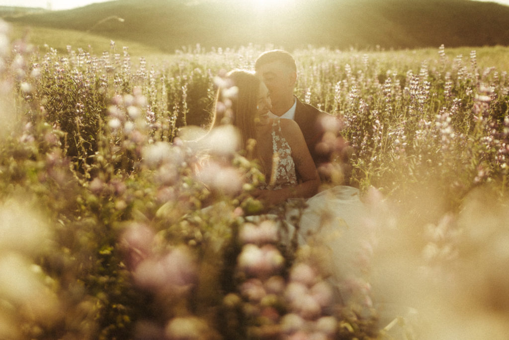 wildly in love couple in a field of lupines on their elopement day
