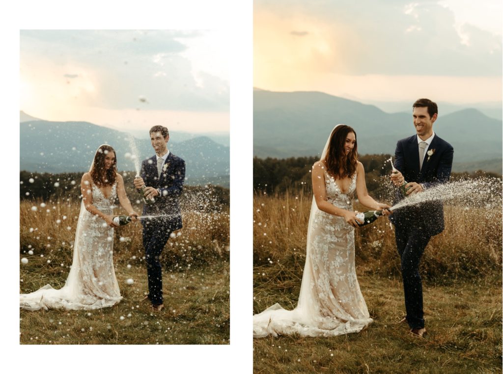 bride and groom popping champagne on a mountain