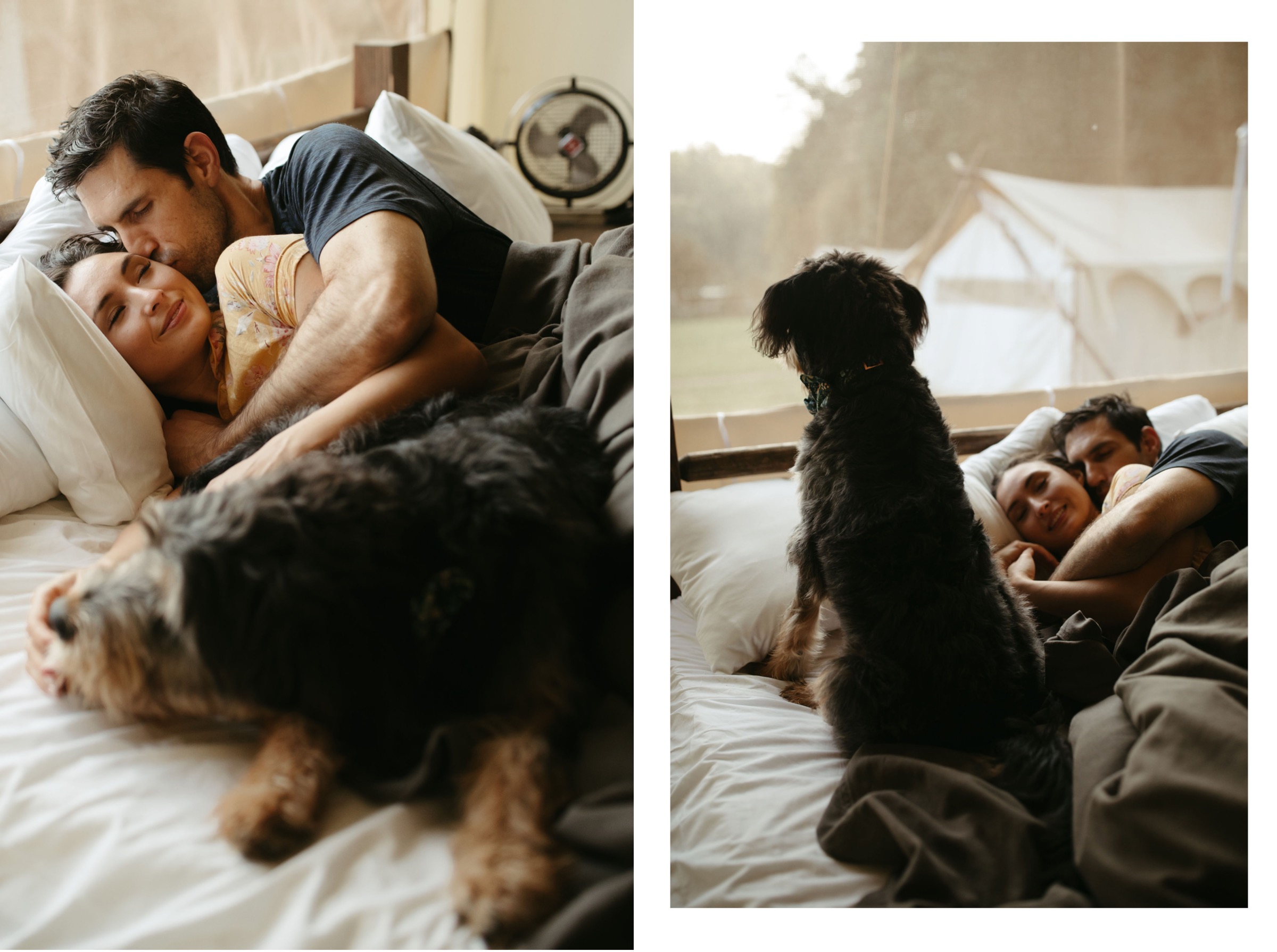 couple snuggling on the morning of their wedding with their dog in a tent