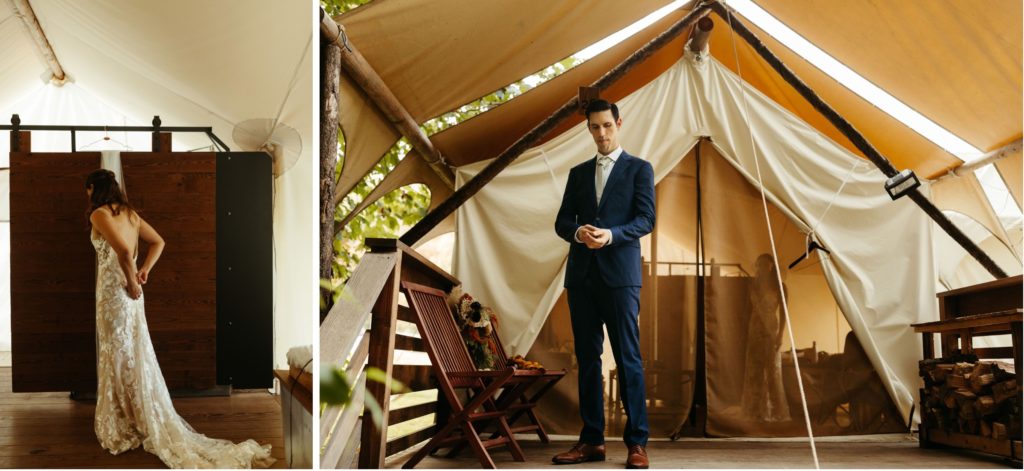 groom getting ready outside of tent