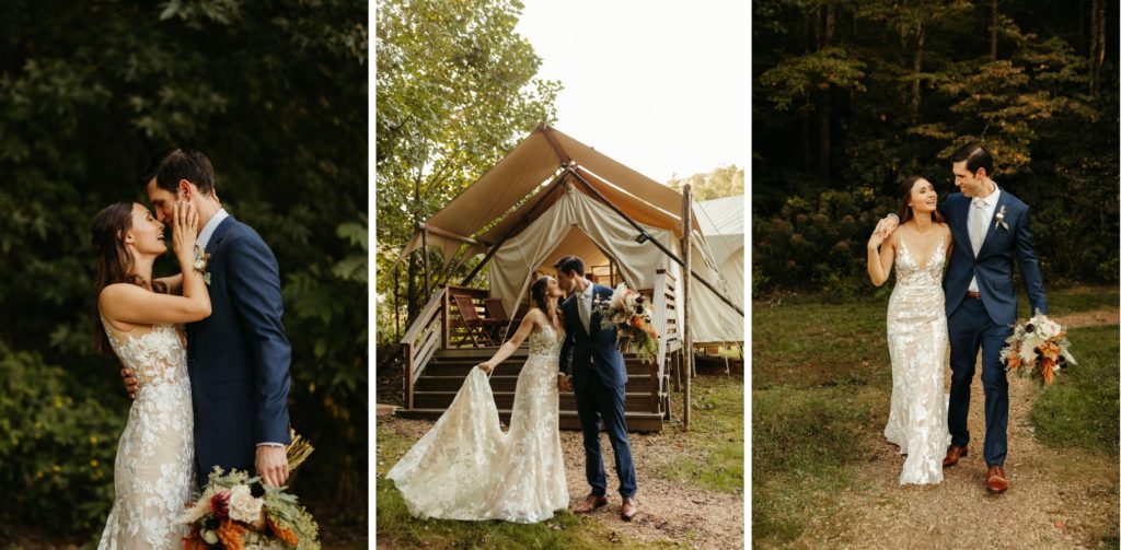bride and groom in front of their glamping tent in zion