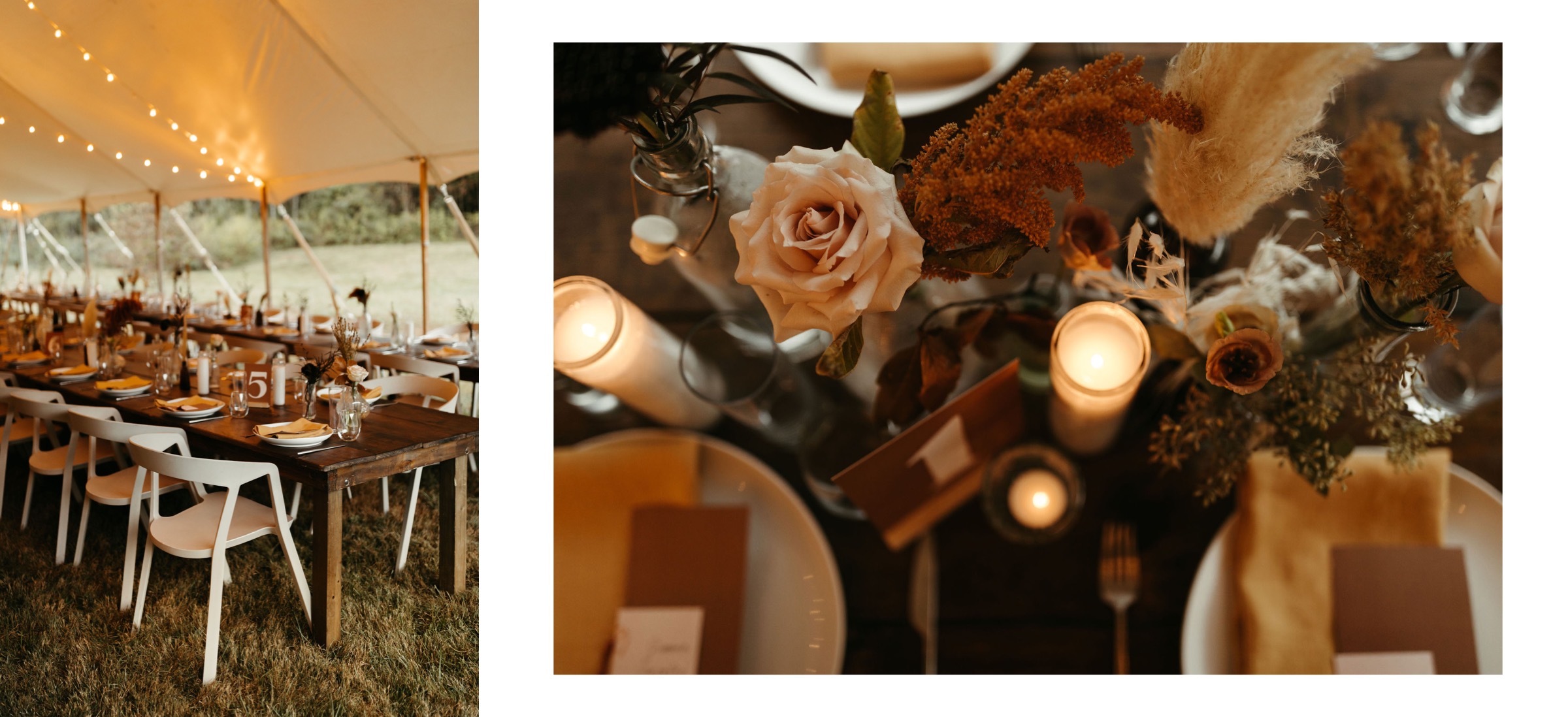 fall inspired wedding reception under tent with long wooden dinner tables and pampas grass boho details