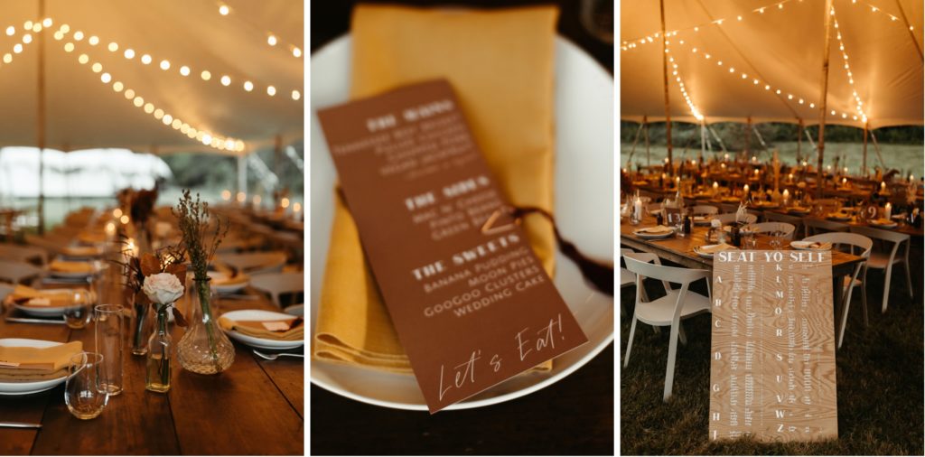 fall inspired wedding reception under tent with long wooden dinner tables and pampas grass boho details custom signs