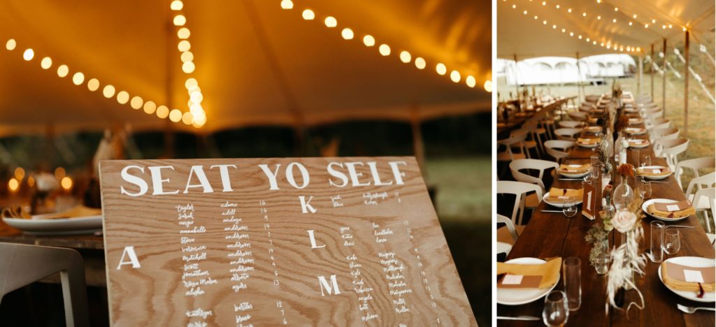 fall inspired wedding reception under tent with long wooden dinner tables and pampas grass boho details