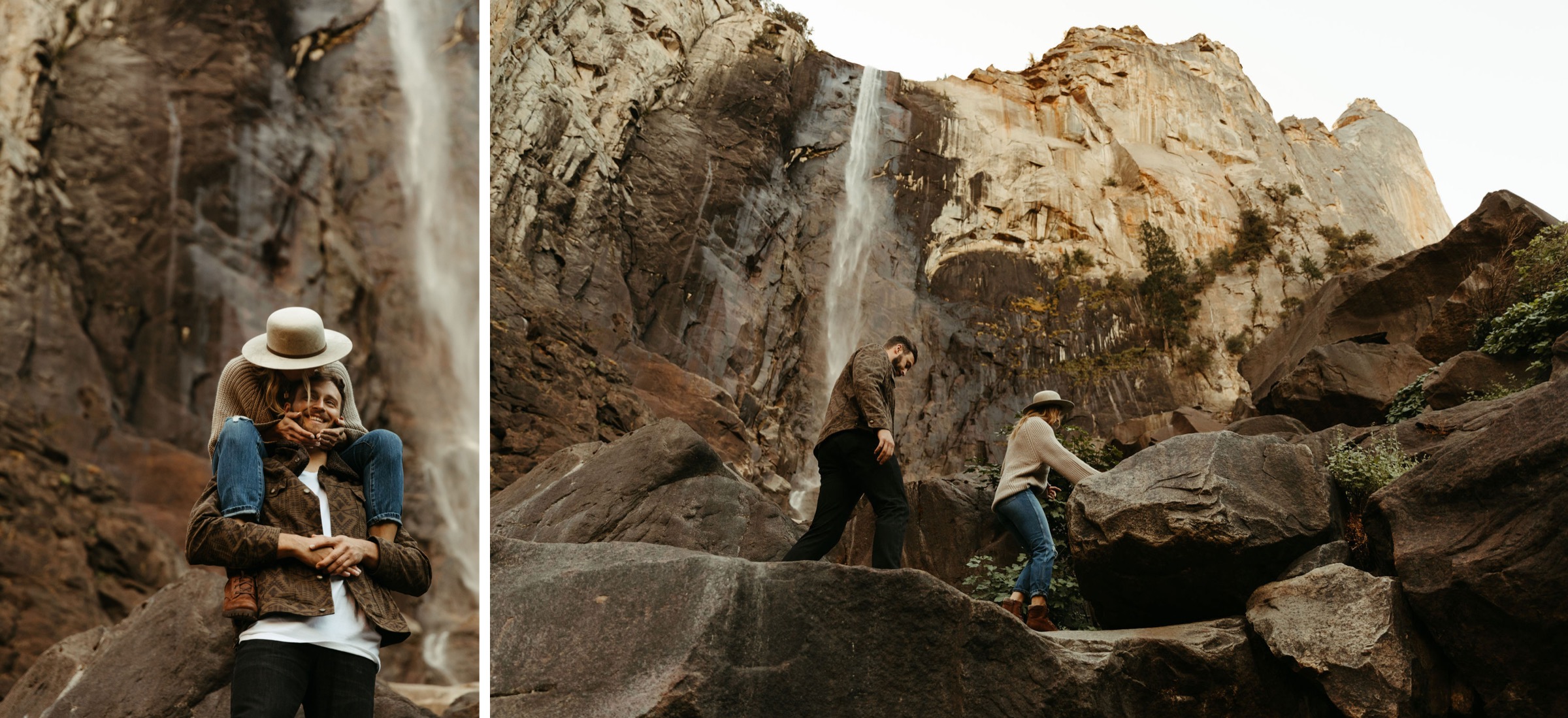fun engagement photos in yosemite in front of waterfall