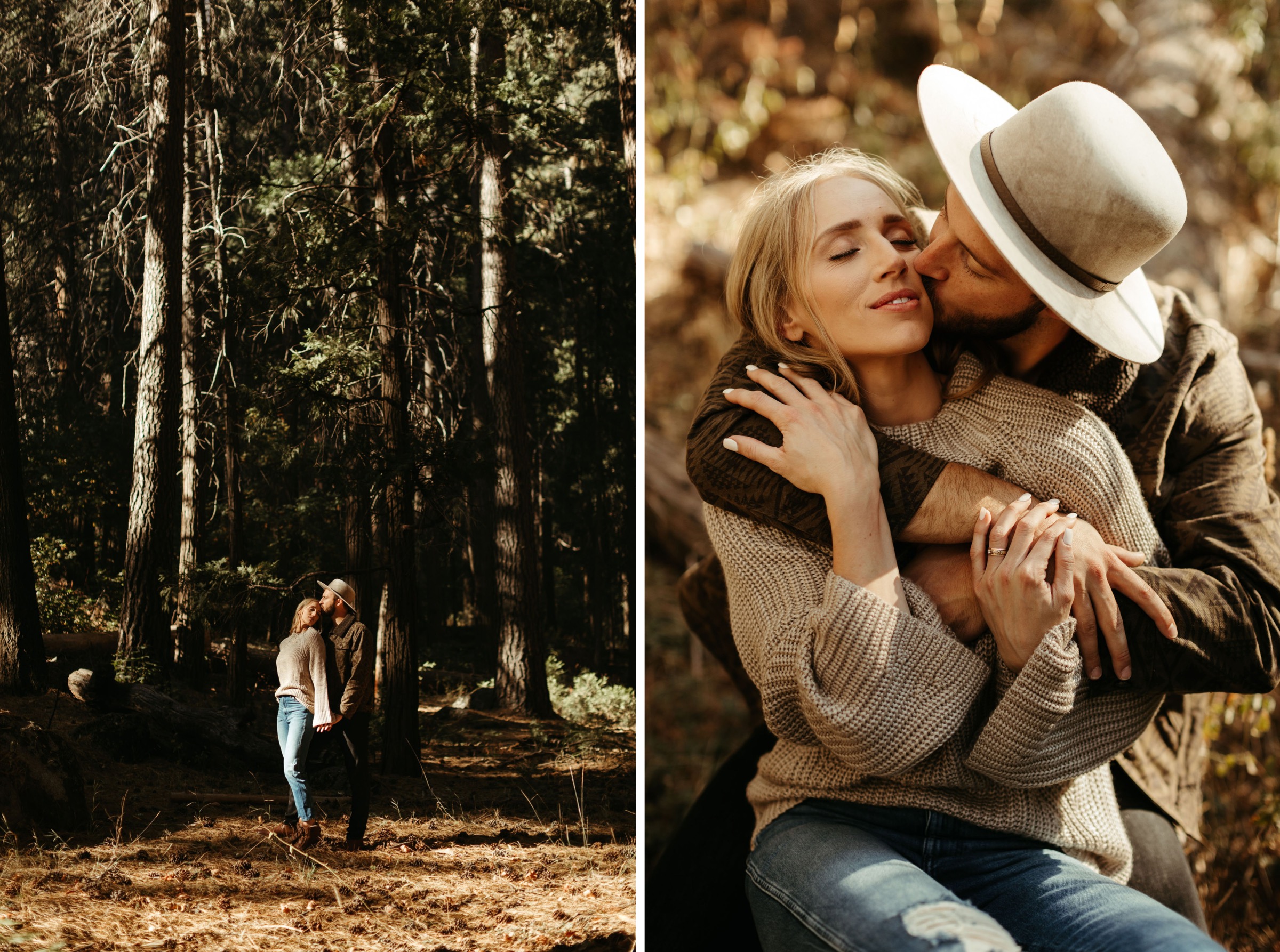 couple in yosemite for their adventurous engagement session wearing fall inspired outfits