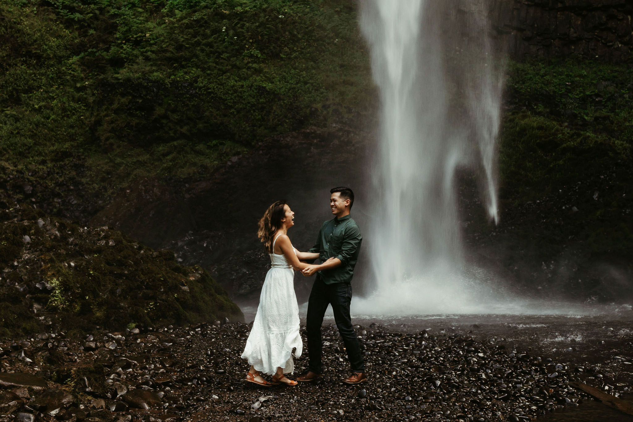 oregon portland latourell waterfall engagement with white summer dress and green button up
