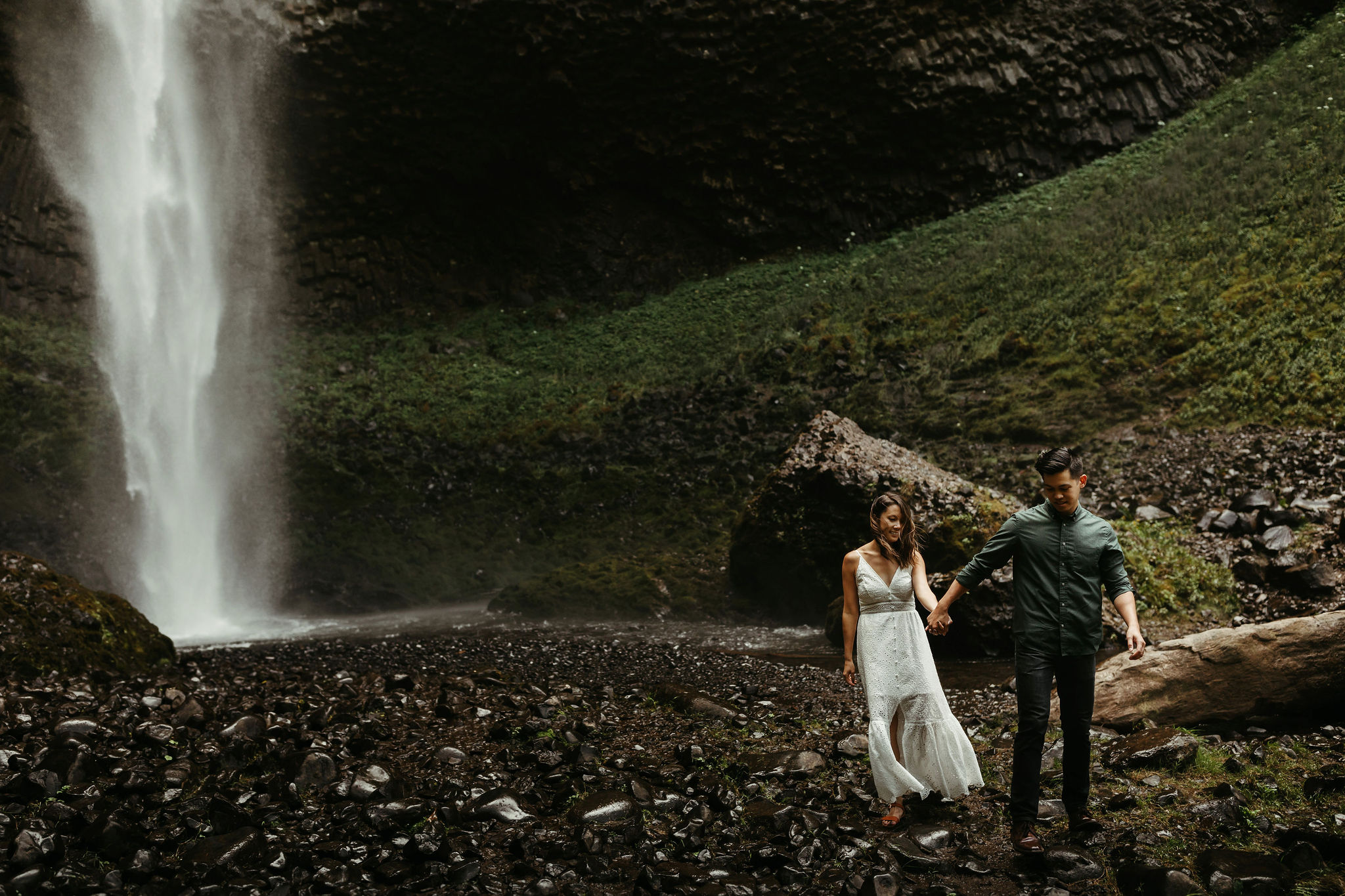 latourell waterfall engagement session in oregon white dress